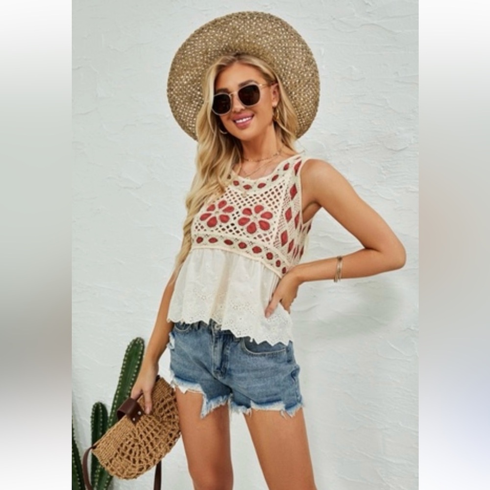 NWT Qed London Floral Crochet Knit Flowy Boho Beach Sleeveless Top Small/Med